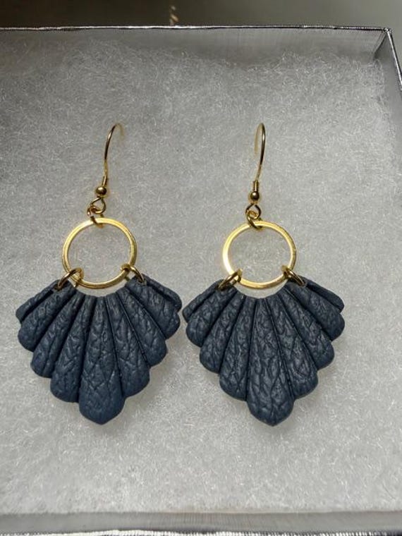 Navy Blue Small Fan Polymer Clay Earrings on gold plated chains, Dangles