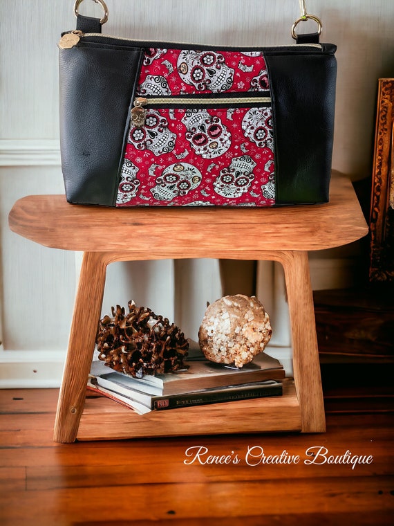 Skull Spirit Large Crossbody – Black, Red & Gray Skull Print Bag with Faux Leather Accents and Adjustable Strap