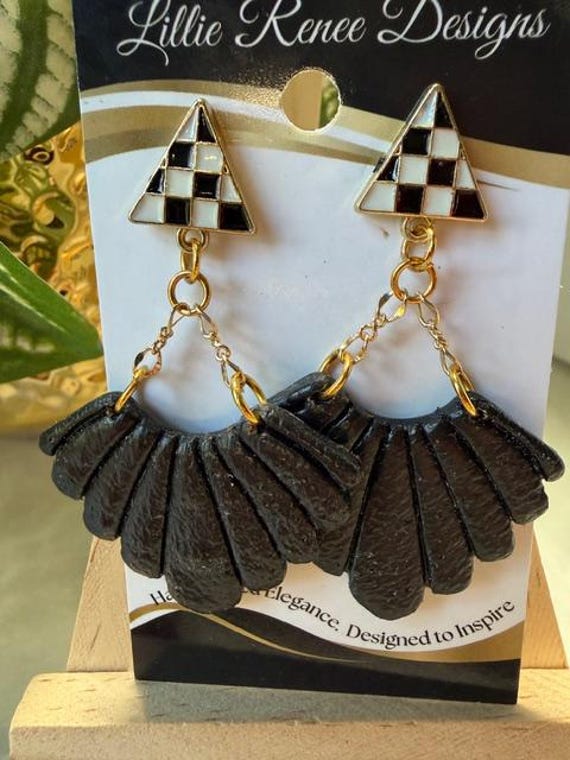 Large Black Fan Polymer Clay Earrings | Gold Chain Drop Earrings on Black & White Gold-Plated Triangular Posts