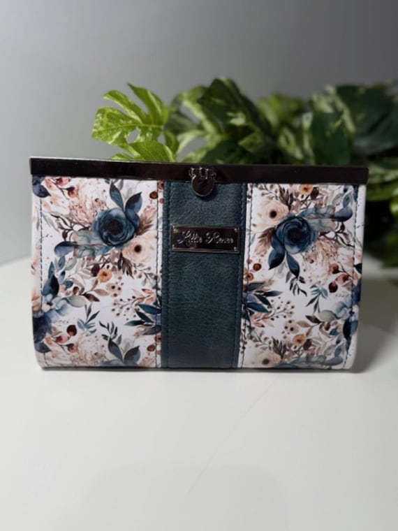 Blue Floral Clutch Wallet with 8 Card Slots, Zipper Coin Pocket & Silver Hardware
