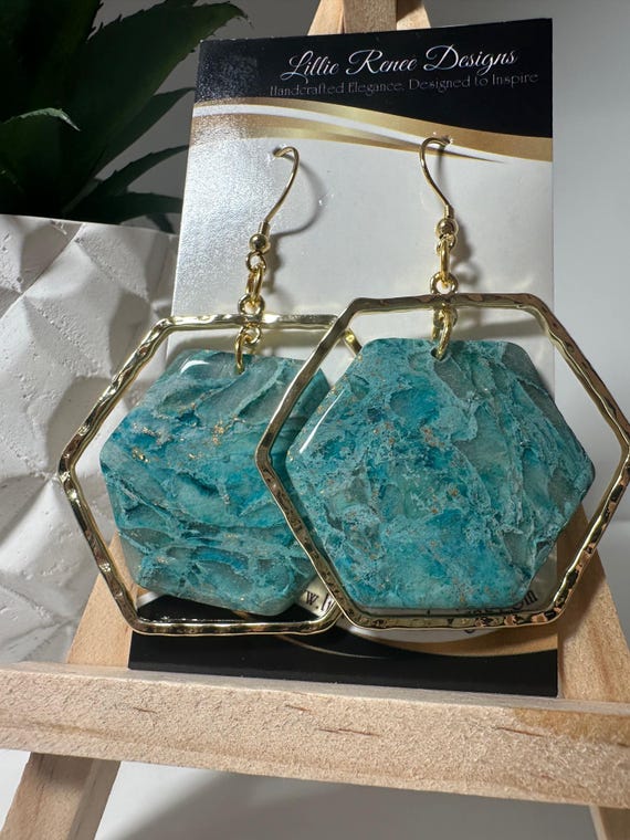 Blue Marble Octagon Polymer Clay Earrings | Handmade Statement Earrings with Gold-Plated Frame