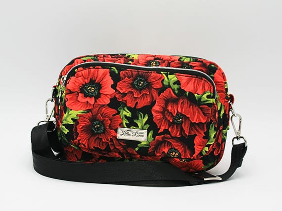 Red Poppies Allium Crossbody Bag - Heart Zipper Pulls & Silver Accents