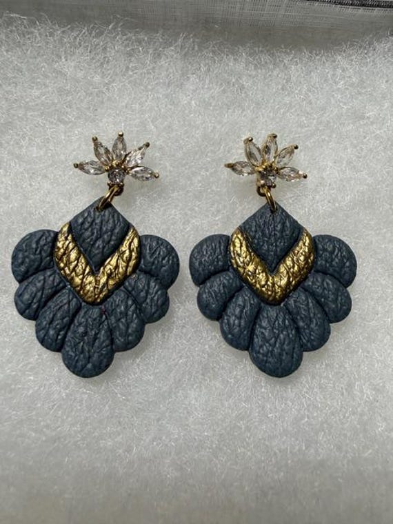 Navy Blue & Gold Scallop Polymer Clay Earrings