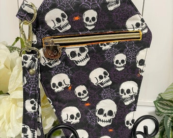 Cartera gótica con forma de ataúd y calavera – Monedero de algodón espeluznante con cremallera y bolsillos abiertos