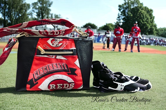 Purses made from licensed baseball teams fabric, baseball purse, black and red purse, Reds crossbody purse,