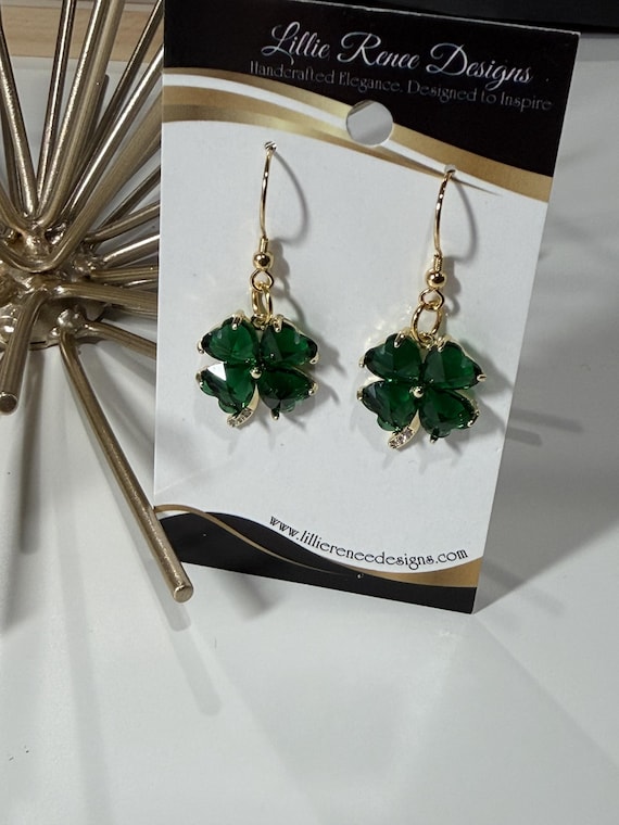 Green Shamrock Earrings Gold Plated with Cubic Zirconia