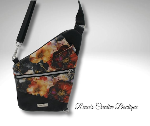 Floral Sling Bag: Black Vinyl Travel Pouch with Zipper Pockets