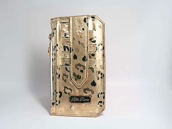 Gold Leopard Print Slim Wallet: Zipper Coin Pocket, 6 Card Slots