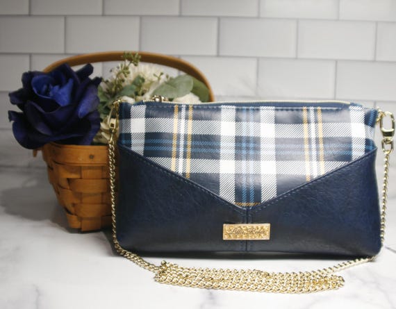 Tartan Plaid Harlequin Pouch: Blue & Yellow Purse with Chain Strap