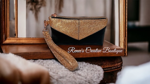 Rose gold metallic and black faux leather wristlet, haute evening bag, heart zipper pull, small clutch, gift for women, ready to ship