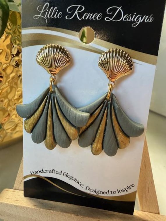 Green & Gold Fan Earrings on Gold‑Plated Shell Posts
