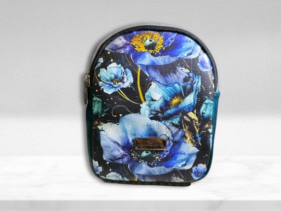 Blue floral Mav Pak, mini backpack, small sling, women bag, flowery vinyl, compact purse, silver hardware, blue poppies bag, great gift idea