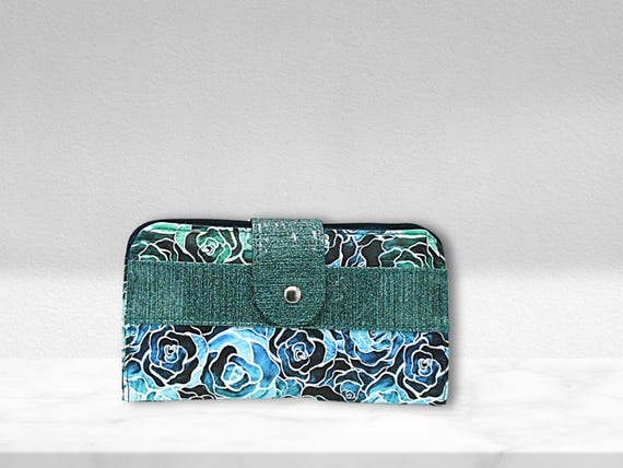 Handmade Floral Fold-Over Wallet: Blue & Green Glitter Vinyl Cardholder