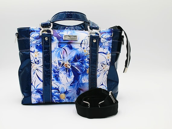Blue Floral Vinyl Tote Bag: Elegant Glitter Handbag with Crossbody Strap