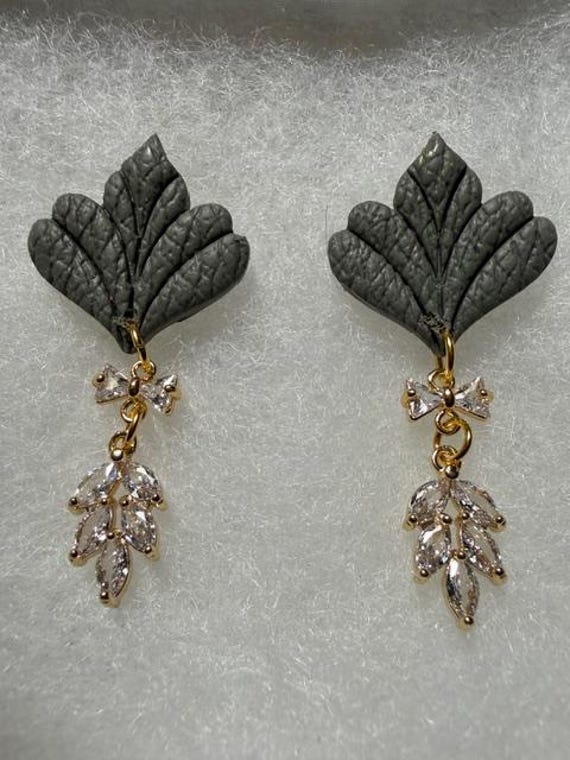 Handmade Green Fan Polymer Clay Earrings with Cubic Zirconia Gold Plated Dangles