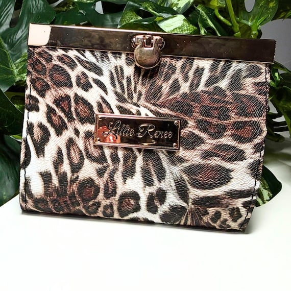 Brown Animal Print Accordion Wallet with Gold Bar Flip Lock