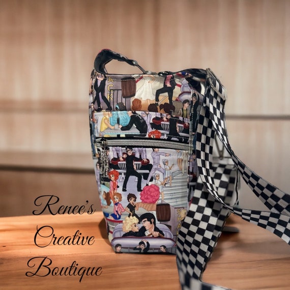 Retro Rock ‘n’ Roll Water Bottle Carrier – 50s-Inspired Hydration Bag with Adjustable Checkered Strap