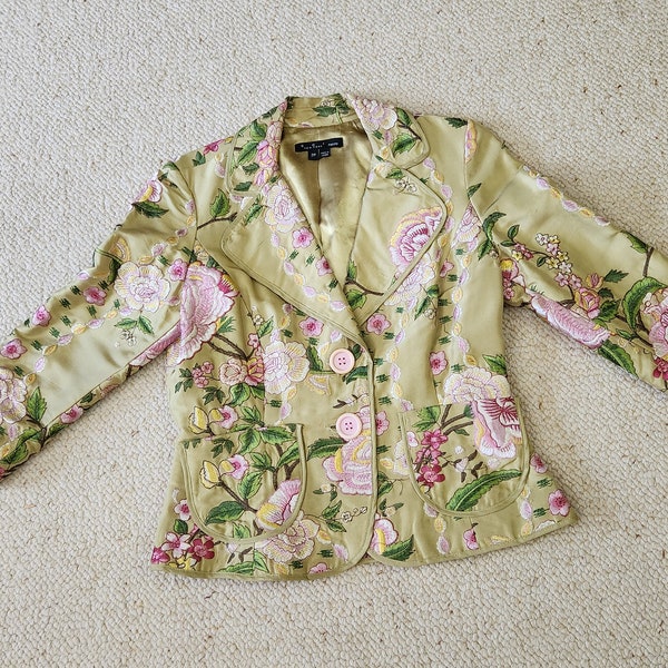 Vintage ECI Embroidered Silk Jacket Size 2Petite Made in China