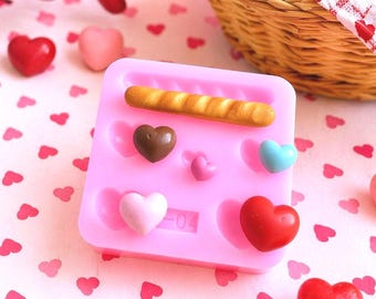 Mini Hearts & Bread Silicone Mold – Polymer Clay Mold – Kawaii Food Mold – Miniature Dessert Mold – Jewelry and Charms DIY