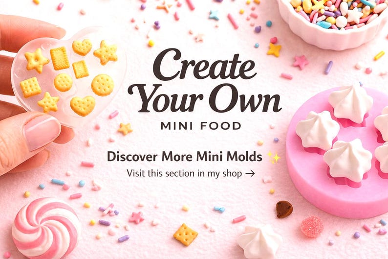 May include: A promotional image with the text "Create Your Own MINI FOOD". The image features miniature food molds, sprinkles, and candies. A hand holds a heart-shaped mold with tiny biscuit-shaped creations. A pink mold holds white meringue-like shapes.