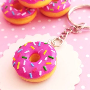 Pink Donut Keychain, Frosted Glazed Donut with Sprinkles, Food Keychain for Donuts Lovers, Clay Donuts Keychains