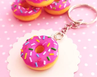 Pink Donut Keychain, Frosted Glazed Donut with Sprinkles, Food Keychain for Donuts Lovers, Clay Donuts Keychains