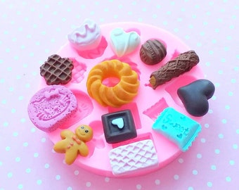 Chocolates, Cookies and Mixed Sweets Silicone Mold, Sweets Polymer Clay Mold, Flexible Push Mold, Miniature Mold, Jewelry Mold, Gift