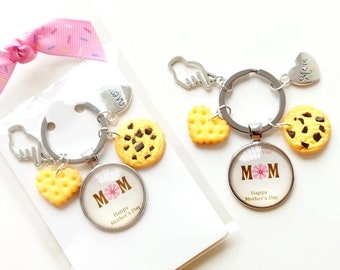 Mother's Day Glass Cabochon Keychain with Handmade Polymer Clay Cookies, Clearance Sale, Gift