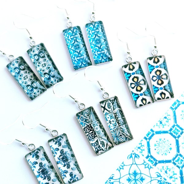 Portuguese Azulejos Inspired Stainless Steel Dangle Earrings with Glass Cabochon, Portugal, Portuguese Jewelry