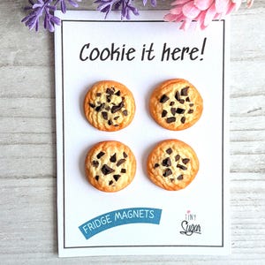 Può includere: Quattro calamite da frigorifero rotonde che assomigliano a biscotti con gocce di cioccolato. I biscotti sono di colore marrone dorato con gocce di cioccolato fondente. Il testo "Cookie it here!" è sopra i biscotti e "Fridge Magnets" sotto.