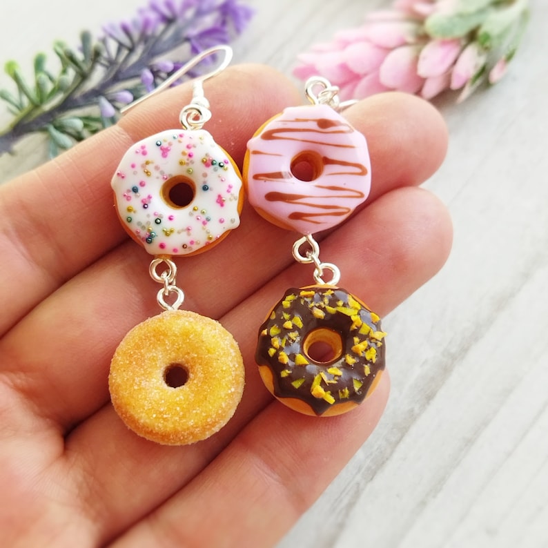 Donuts Earrings, Clay Food Jewelry, Food Earrings, Mismatched Earrings, Gift for Her, Gift for Sister, Gift for Mom image 5