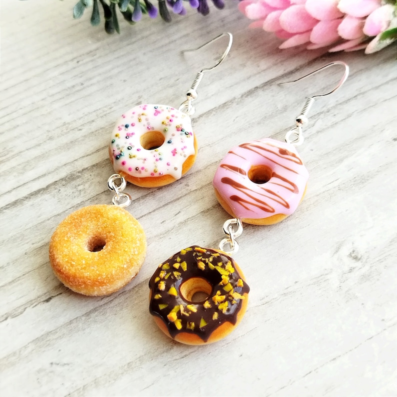 Donuts Earrings, Clay Food Jewelry, Food Earrings, Mismatched Earrings, Gift for Her, Gift for Sister, Gift for Mom zdjęcie 6