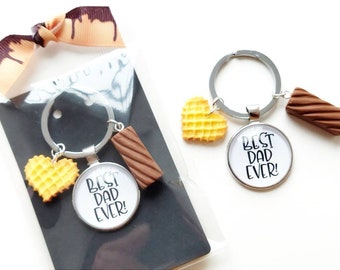 Keychain for Best Dad Ever with a Sweet Touch of a Polymer Clay Handmade Small Cookie and Chocolate, Clearance Sale, Gift