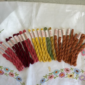 Op de afbeelding: Een verzameling strengen borduurgaren in een kleurverloop van roze, rood, geel, groen en bruin. Elke streng is omwikkeld met een wit papieren label met de tekst Vicars Fine Embroidery Thread in zwarte letters.