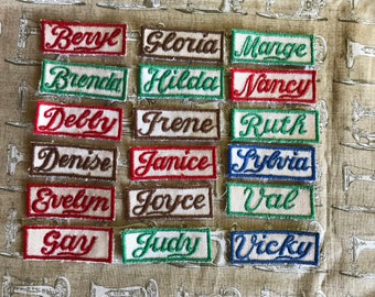 Embroidered Girls Name Patches, name labels, 1970s, vintage