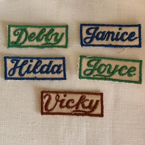 Embroidered Girls Name Patches, name labels, 1970s, vintage