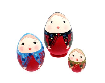 Russian Nesting Dolls Egg shape 3 pcs, handmade and hand painted matryoshka babushka matte colors