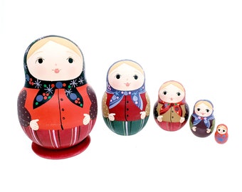 Russian Nesting Dolls 5 pcs, handmade and hand painted matryoshka babushka matte colors