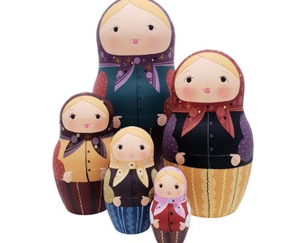 140 Russian Nesting Dolls 5 pcs, handmade and hand painted matryoshka babushka matte colors