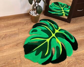 Tappeto trapuntato Monstera, tappeto fatto a mano a foglia, tappeto personalizzato, tappeto da pavimento personalizzato, regalo per i fan dei fiori, tappeti da camera da letto, arte tufting