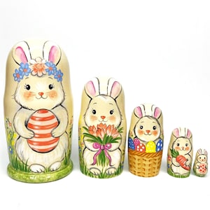 Set di bambole nidificanti a forma di coniglietto pasquale, matrioska dipinta a mano, decorazioni primaverili a forma di coniglio, graziose bambole di legno a forma di coniglietto, decorazioni pasquali per la casa, regalo di arte popolare