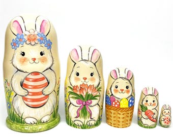 Easter Bunny Nesting Dolls Set, Hand Painted Matryoshka, Spring Rabbit Decor, Cute Bunny Wooden Dolls, Easter Home Decoration, Folk Art Gift