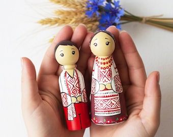 Ukrainian Folk Art Peg Dolls in National Embroidery, Traditional Wooden Figurine Decoration, Cultural Gift, Ethnic Ornamens Sign