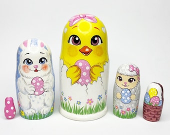 Easter Chicken Nesting Dolls Set, Wooden Chick Stacking Toys, Matryoshka Sensory Kid Toy, Bunny Chick Lamb Decor, Ukrainian Kids Gift