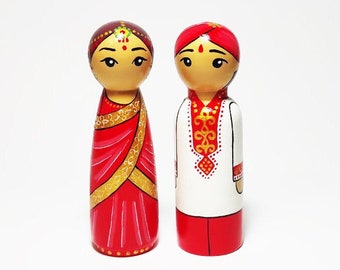 Hand Painted Indian Bride and Groom wooden Peg Dolls: Wedding Cake Topper,  Multicultural figurine