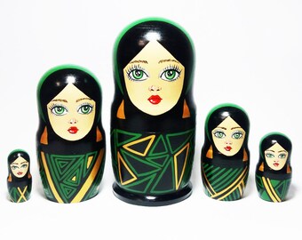 Set di bambole matrioska moderne, bambola d'arte geometrica astratta, arredamento minimalista per la casa, regalo di arte popolare dipinta a mano
