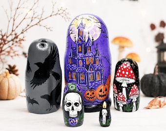 Decorazioni gotiche per la casa, set di matrioske a tema casa stregata, bambole russe di Halloween dipinte a mano