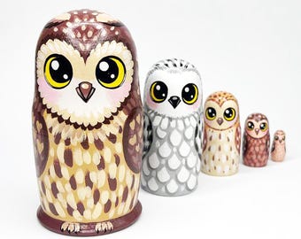 Hand Painted Owl Nesting Dolls, Wooden Matryoshka Set, Woodland Nursery Decor, Montessori Toddler Gift