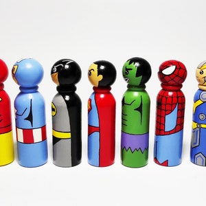 Superhero Peg Dolls Boys Room Comics interior toy Cartoon wooden dolls Birthday Gift Set of 7 dolls 3.5 image 3