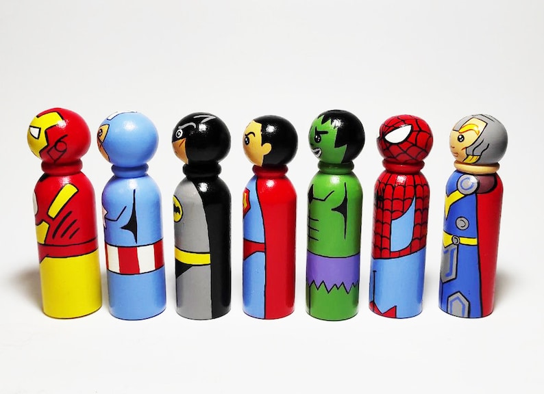 Superhero Peg Dolls Boys Room Comics interior toy Cartoon wooden dolls Birthday Gift Set of 7 dolls 3.5 image 3